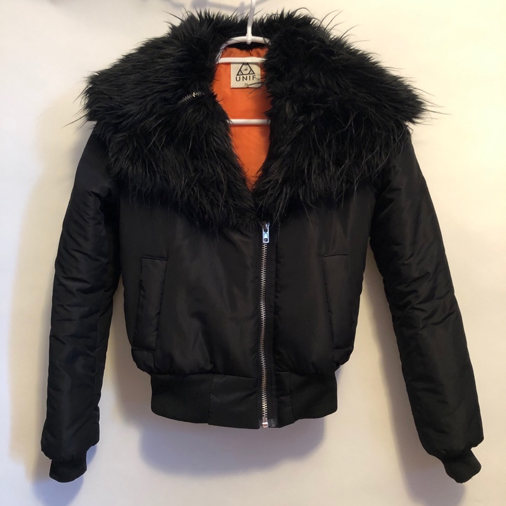 UNIF Amelia black faux fur bomber jacket Xsmall